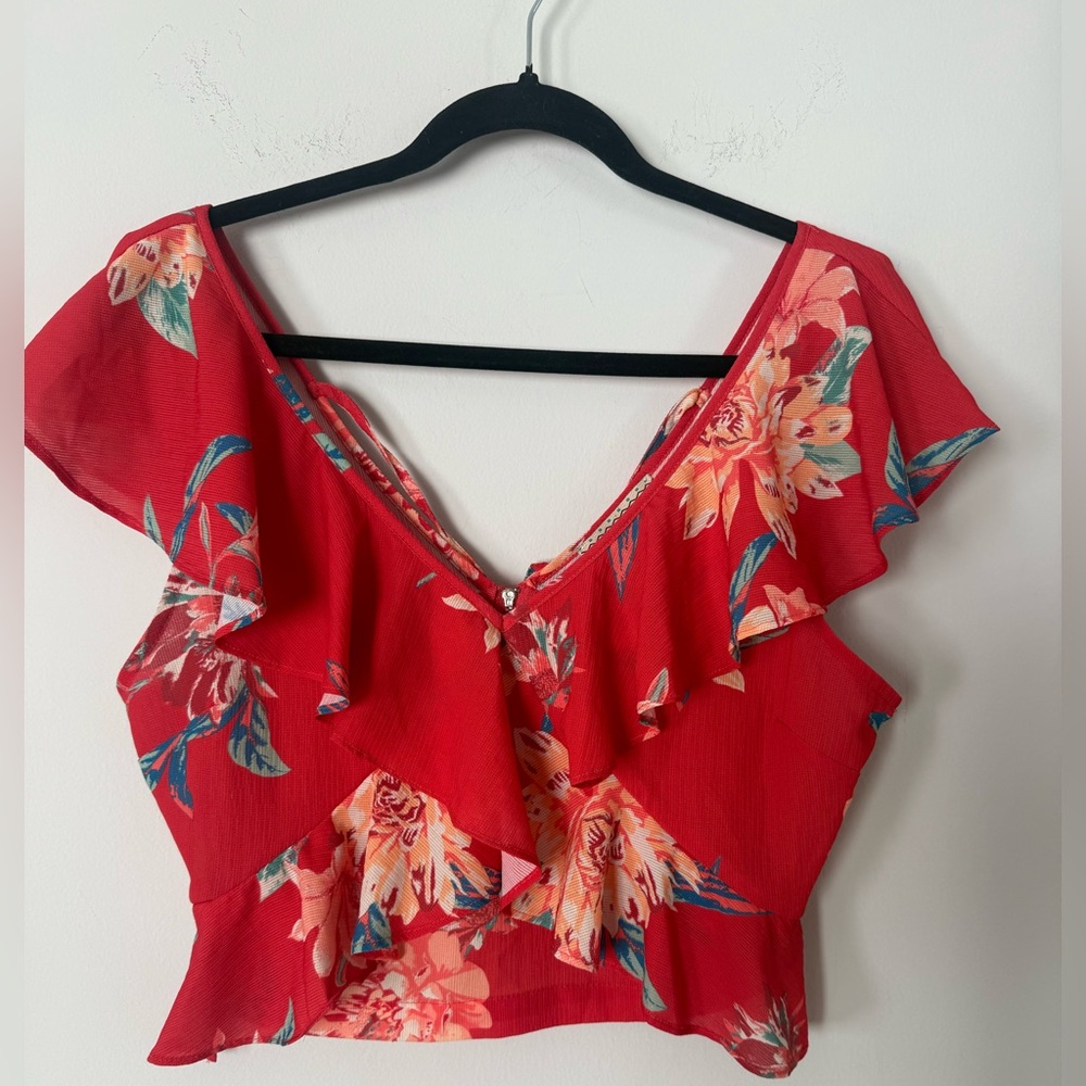 Flying Tomato Ruffle Red Floral Tropical Zip Back Crop Top